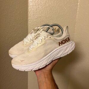 Hoka Women's Cream White Athletic Running Shoes with Brown Logo